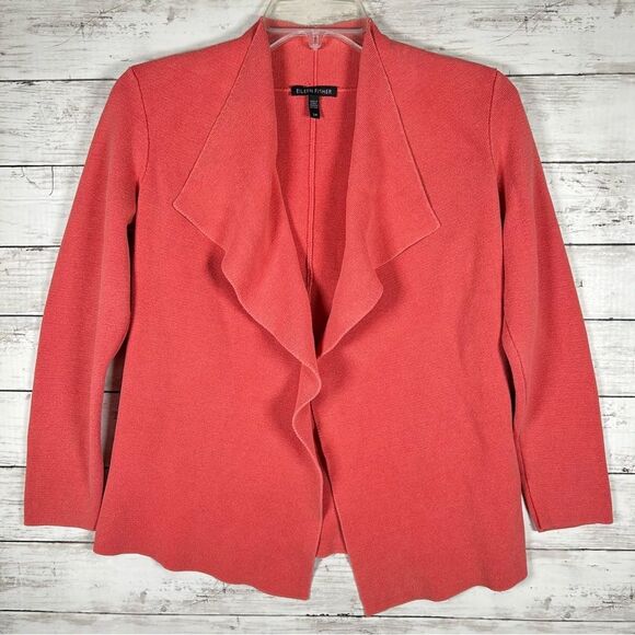 Eileen Fisher Cardigan Coral Silk Organic Cotton Interlock Knit Open Front S - Picture 2 of 9